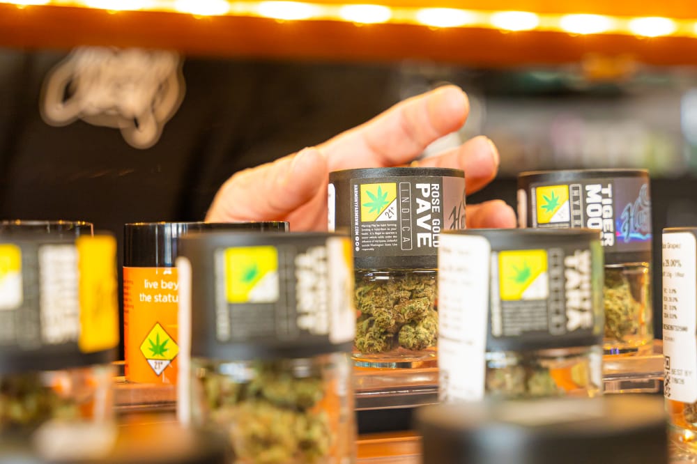 budtender pulling out cannabis flower from case for customer